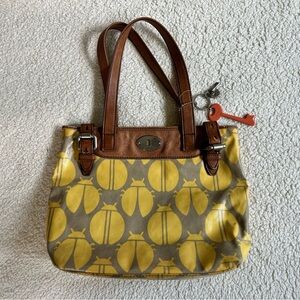Fossil key-per genuine leather, coated canvas, ladybug tote, shoulder bag, purse